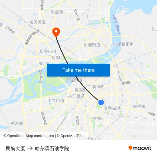 民航大厦 to 哈尔滨石油学院 map