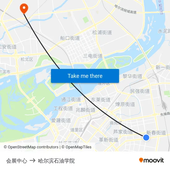 会展中心 to 哈尔滨石油学院 map