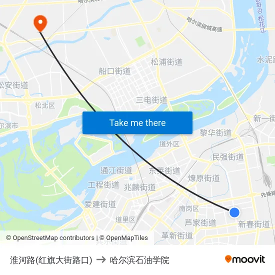 淮河路(红旗大街路口) to 哈尔滨石油学院 map