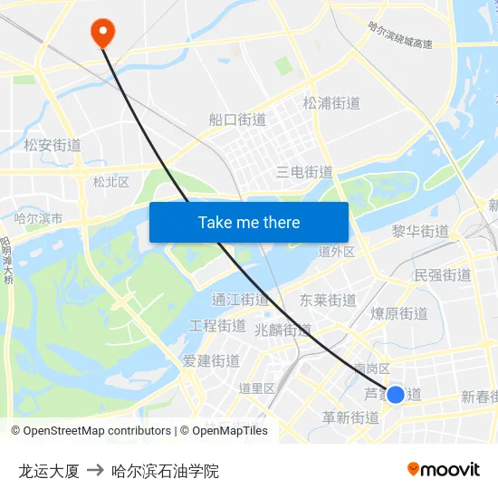 龙运大厦 to 哈尔滨石油学院 map
