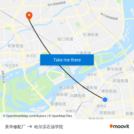美华修配厂 to 哈尔滨石油学院 map