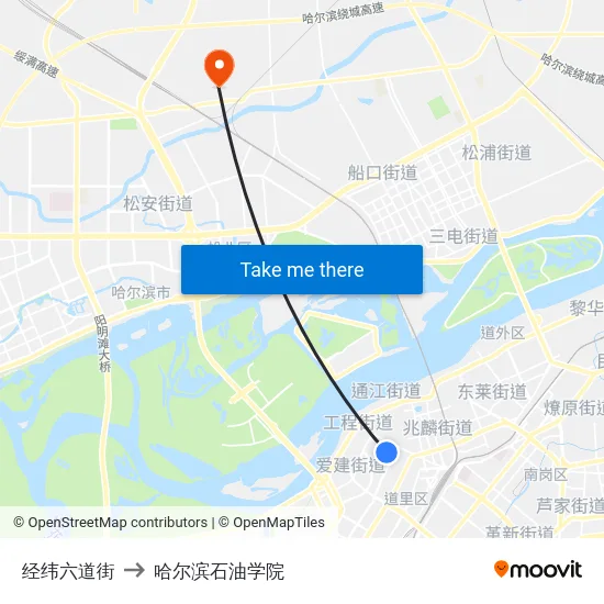 经纬六道街 to 哈尔滨石油学院 map