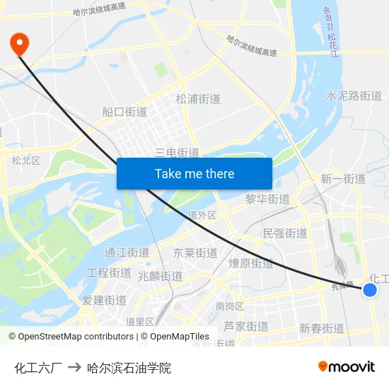 化工六厂 to 哈尔滨石油学院 map