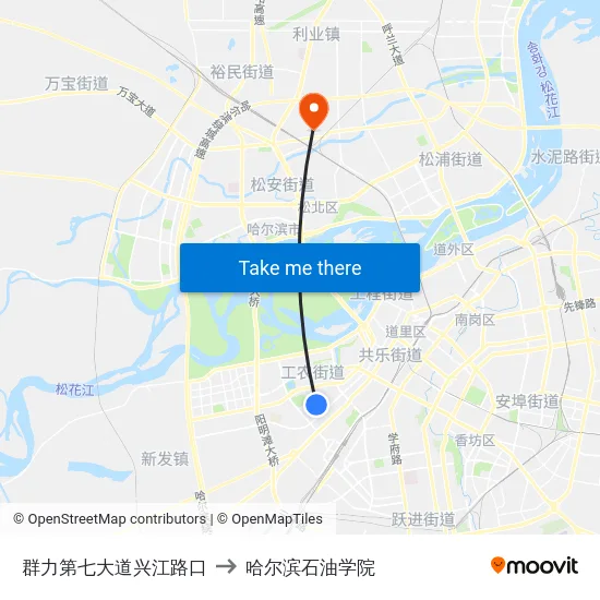 群力第七大道兴江路口 to 哈尔滨石油学院 map