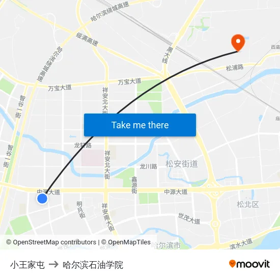 小王家屯 to 哈尔滨石油学院 map