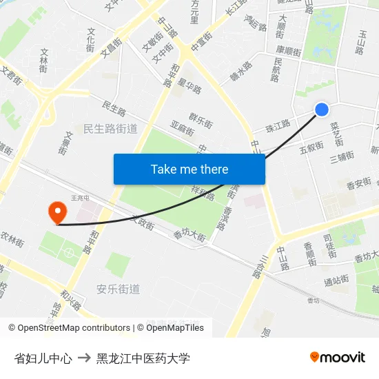 省妇儿中心 to 黑龙江中医药大学 map