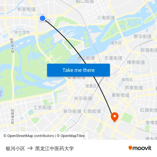 银河小区 to 黑龙江中医药大学 map