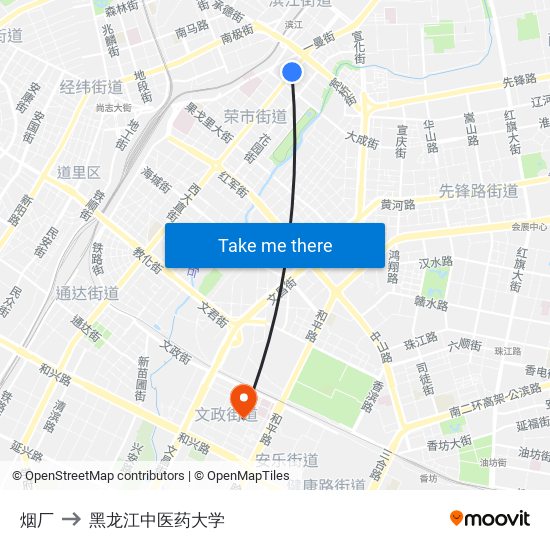 烟厂 to 黑龙江中医药大学 map