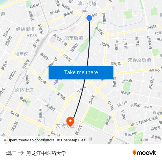 烟厂 to 黑龙江中医药大学 map