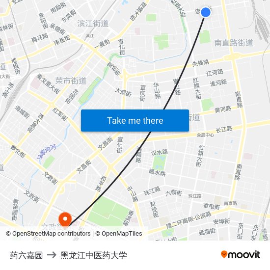 药六嘉园 to 黑龙江中医药大学 map