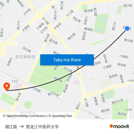 湘江路 to 黑龙江中医药大学 map