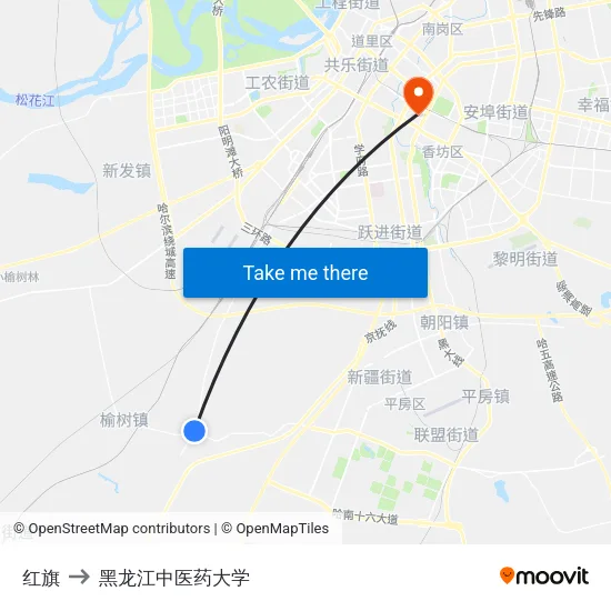 红旗 to 黑龙江中医药大学 map
