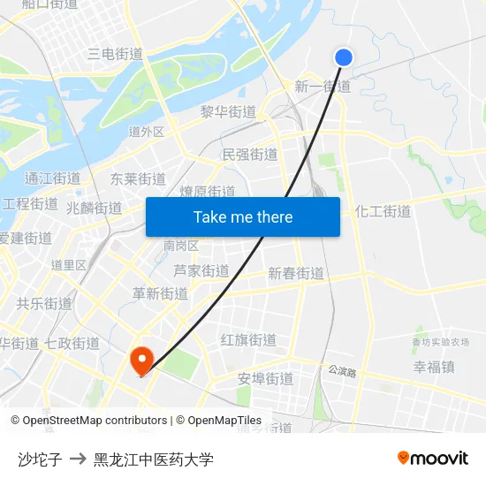 沙坨子 to 黑龙江中医药大学 map