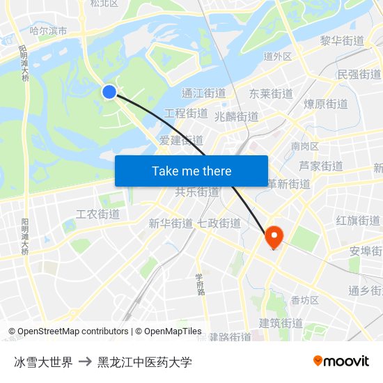 冰雪大世界 to 黑龙江中医药大学 map