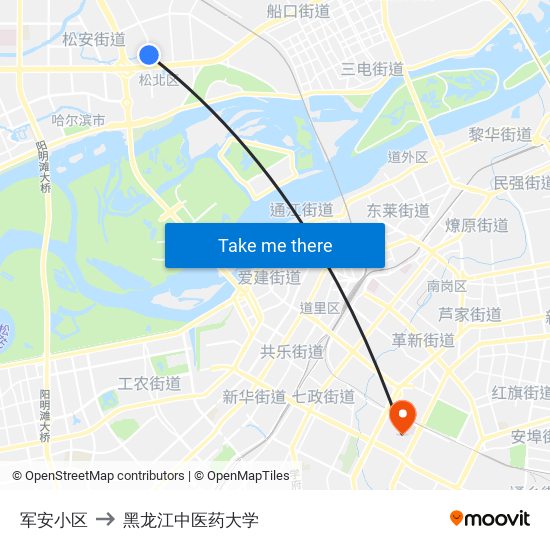 军安小区 to 黑龙江中医药大学 map