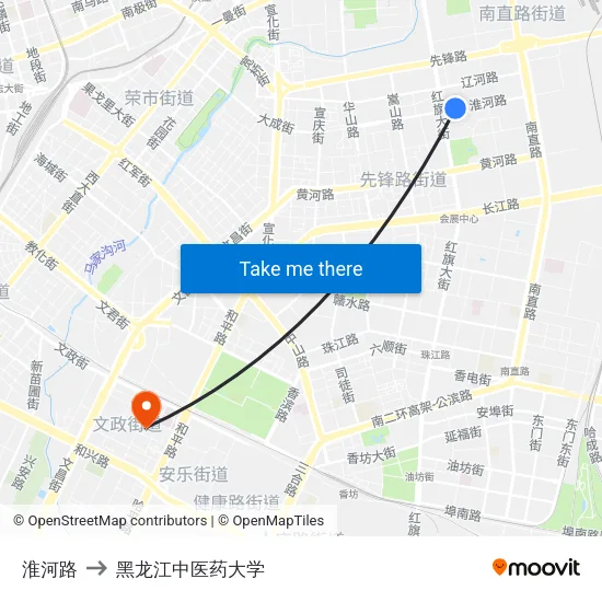 淮河路 to 黑龙江中医药大学 map