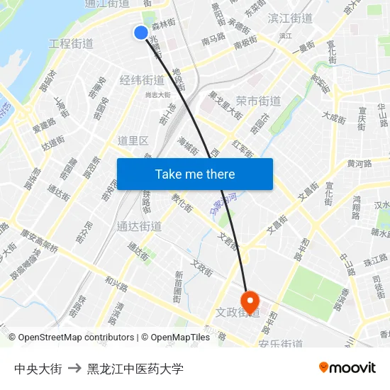 中央大街 to 黑龙江中医药大学 map