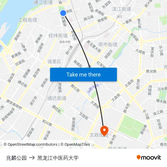 兆麟公园 to 黑龙江中医药大学 map