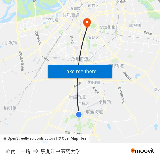 哈南十一路 to 黑龙江中医药大学 map
