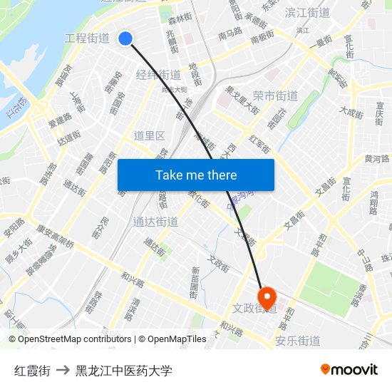 红霞街 to 黑龙江中医药大学 map