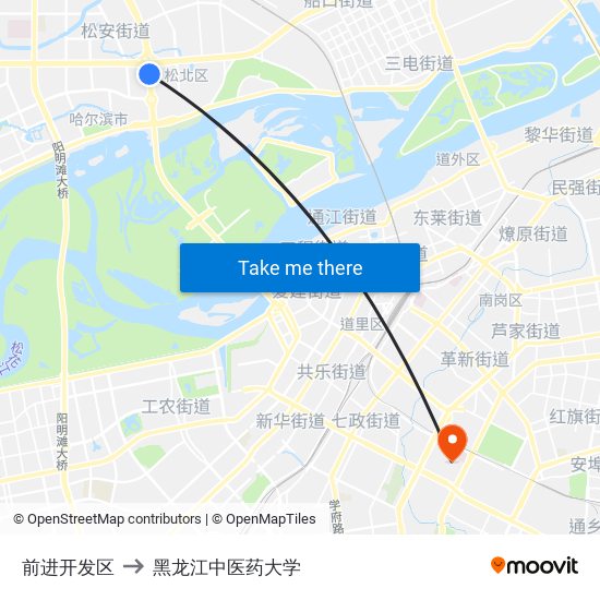 前进开发区 to 黑龙江中医药大学 map