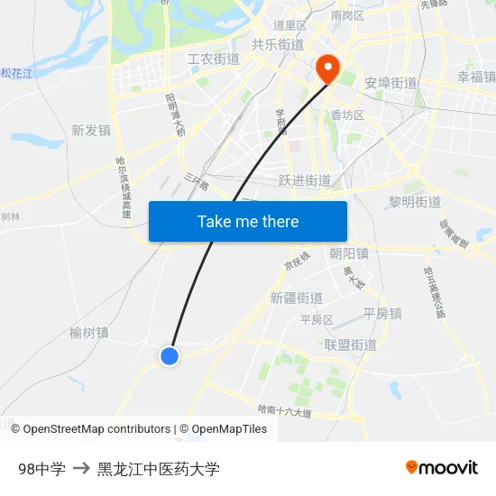 98中学 to 黑龙江中医药大学 map