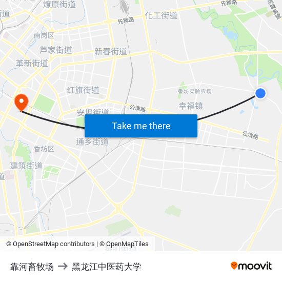 靠河畜牧场 to 黑龙江中医药大学 map