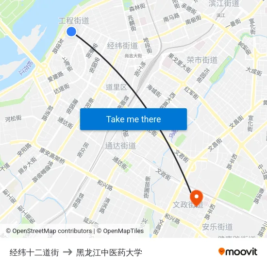 经纬十二道街 to 黑龙江中医药大学 map