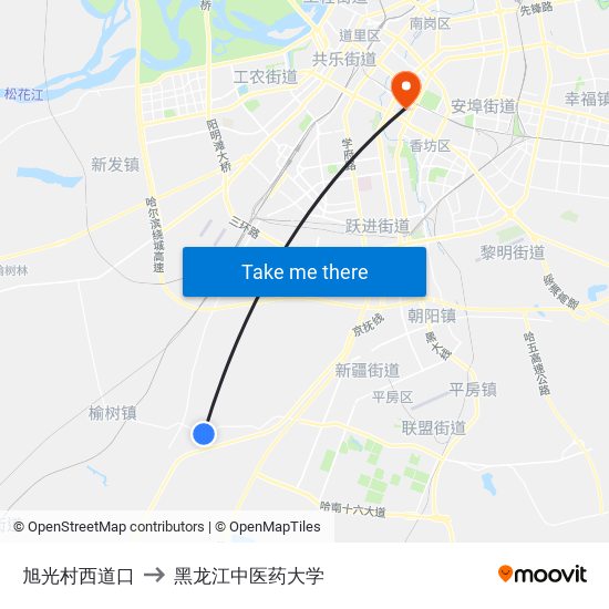 旭光村西道口 to 黑龙江中医药大学 map