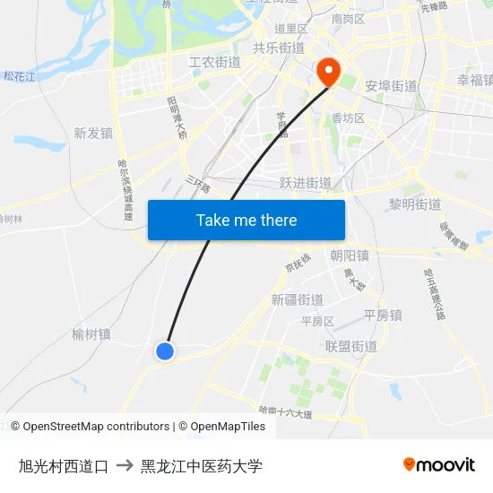 旭光村西道口 to 黑龙江中医药大学 map