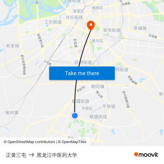 正黄三屯 to 黑龙江中医药大学 map