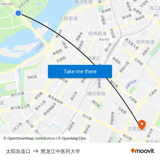 太阳岛道口 to 黑龙江中医药大学 map
