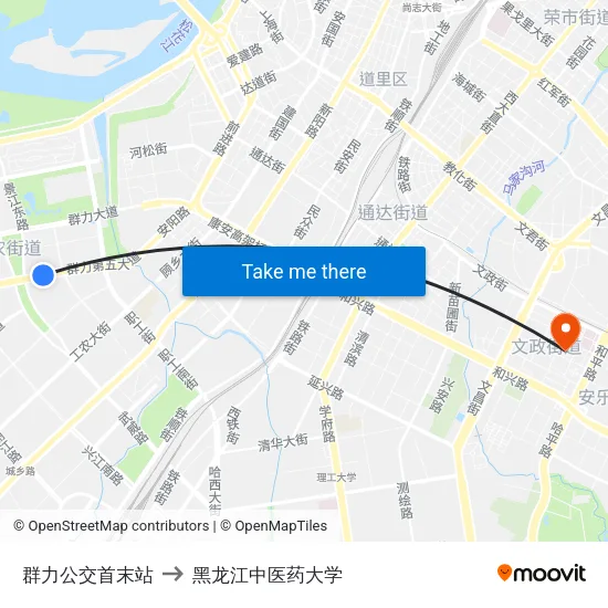 群力公交首末站 to 黑龙江中医药大学 map