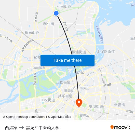 西温家 to 黑龙江中医药大学 map