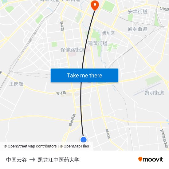 中国云谷 to 黑龙江中医药大学 map