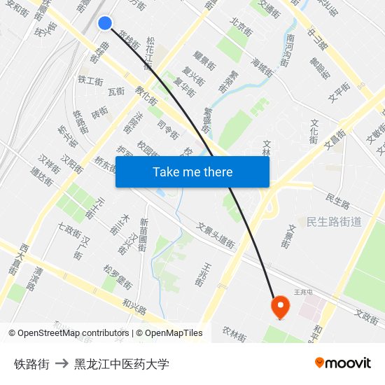 铁路街 to 黑龙江中医药大学 map