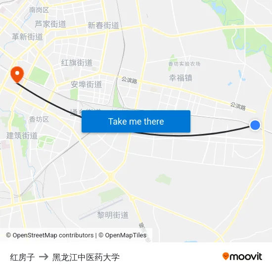 红房子 to 黑龙江中医药大学 map