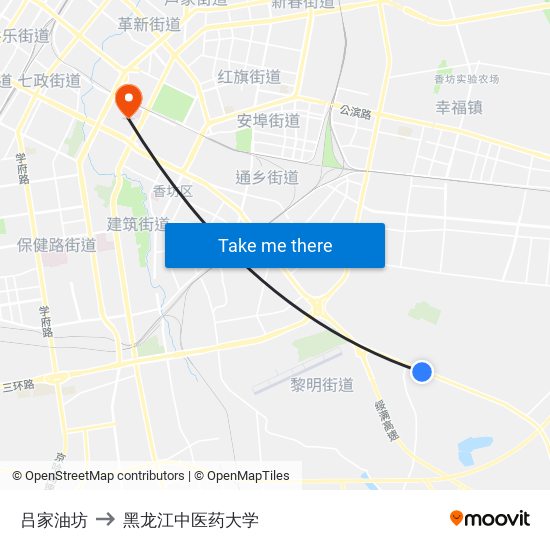 吕家油坊 to 黑龙江中医药大学 map