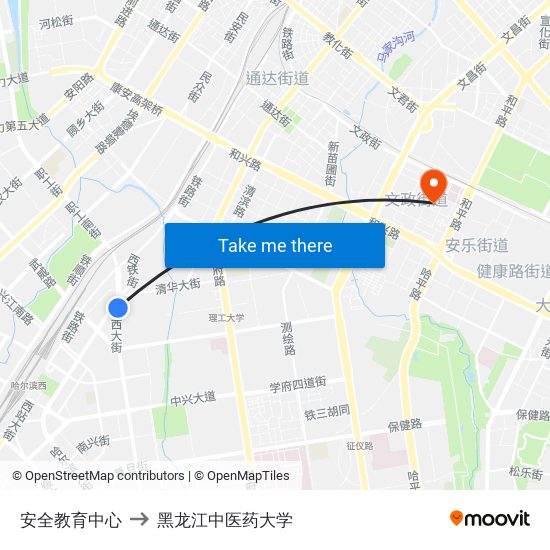 安全教育中心 to 黑龙江中医药大学 map