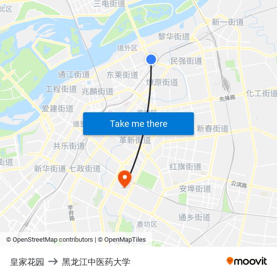 皇家花园 to 黑龙江中医药大学 map