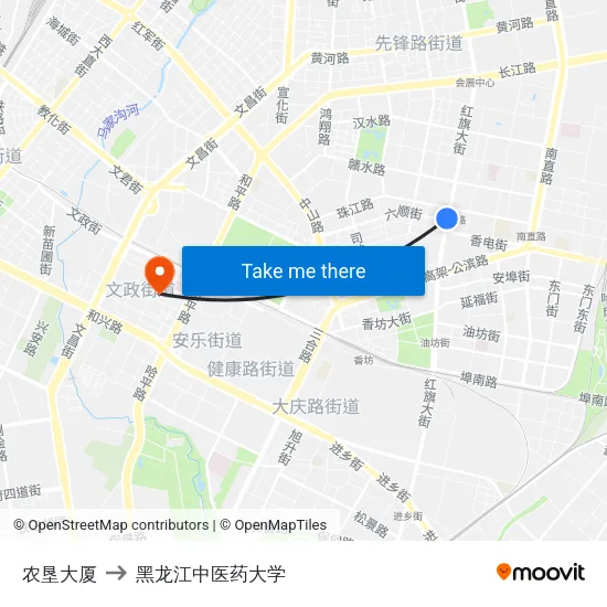 农垦大厦 to 黑龙江中医药大学 map