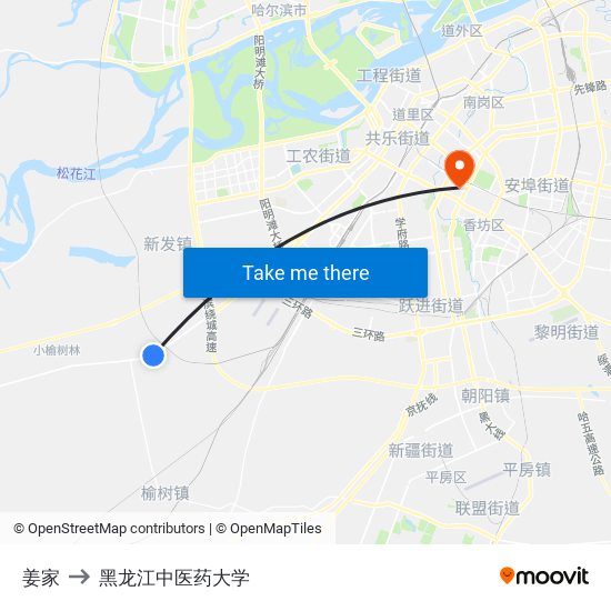 姜家 to 黑龙江中医药大学 map