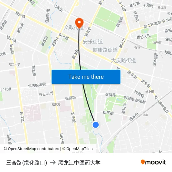 三合路(绥化路口) to 黑龙江中医药大学 map