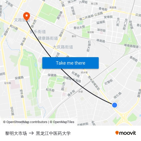 黎明大市场 to 黑龙江中医药大学 map