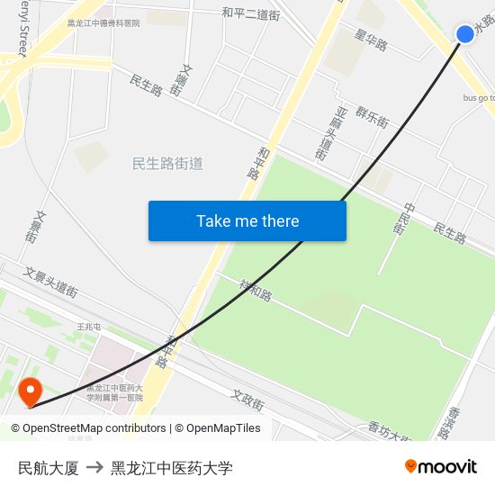 民航大厦 to 黑龙江中医药大学 map
