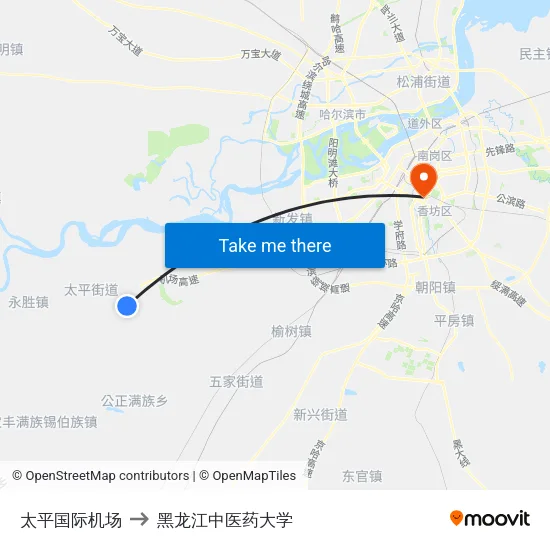太平国际机场 to 黑龙江中医药大学 map