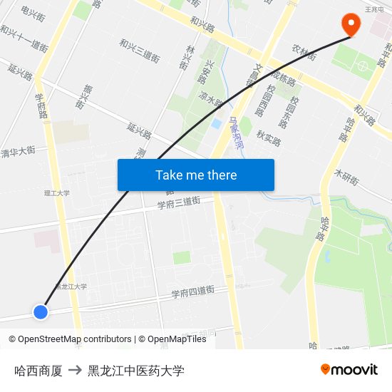 哈西商厦 to 黑龙江中医药大学 map