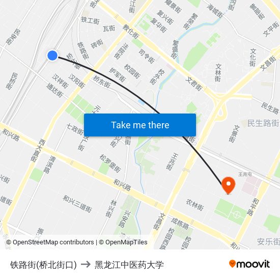 铁路街(桥北街口) to 黑龙江中医药大学 map