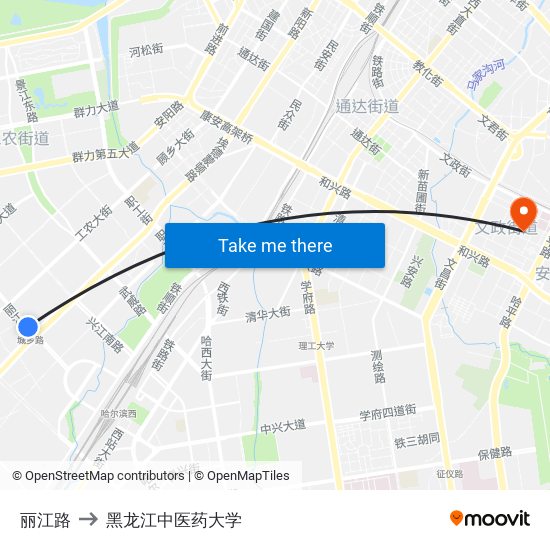 丽江路 to 黑龙江中医药大学 map