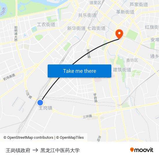 王岗镇政府 to 黑龙江中医药大学 map